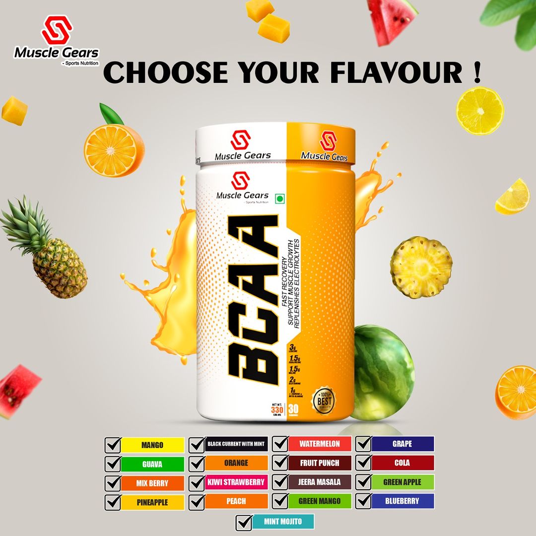 Muscle Gears BCAA 2:1:1 Powder | 150mg Electrolytes | Amino Acid Recovery Formula | Muscle Recovery, Endurance & Hydration | Intra Workout | Mango Flavor | 30 Servings