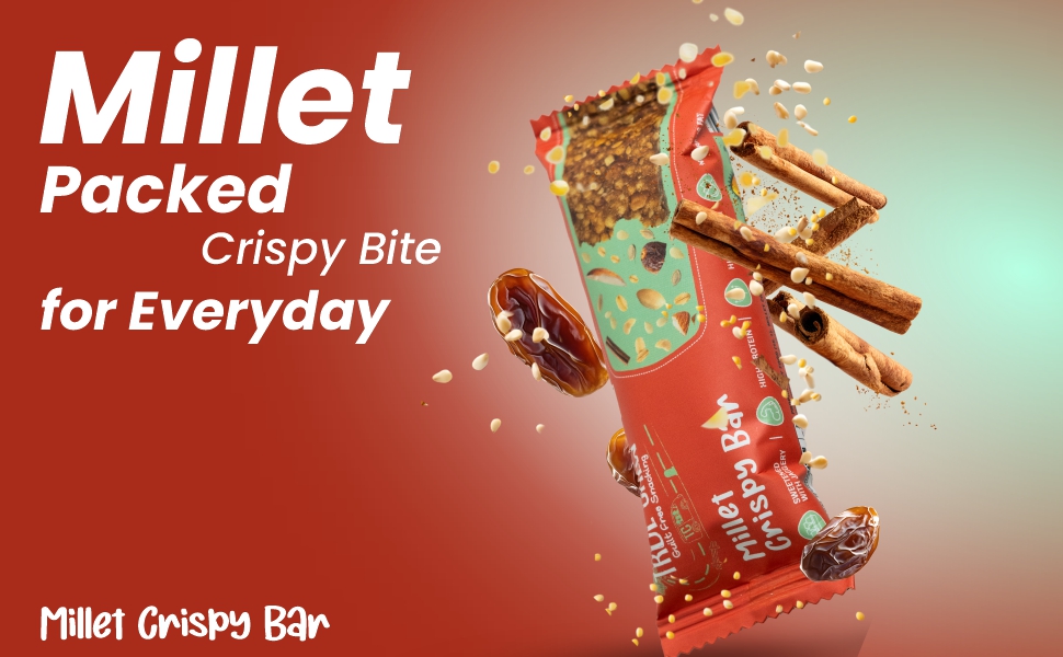 TRUE CREW Millet Crispy Bar - 250g | High Protein & High Fibre Snack | Jaggery Sweetened No Refined Sugar | Gluten & Soy Free | (25g x Pack of 10)