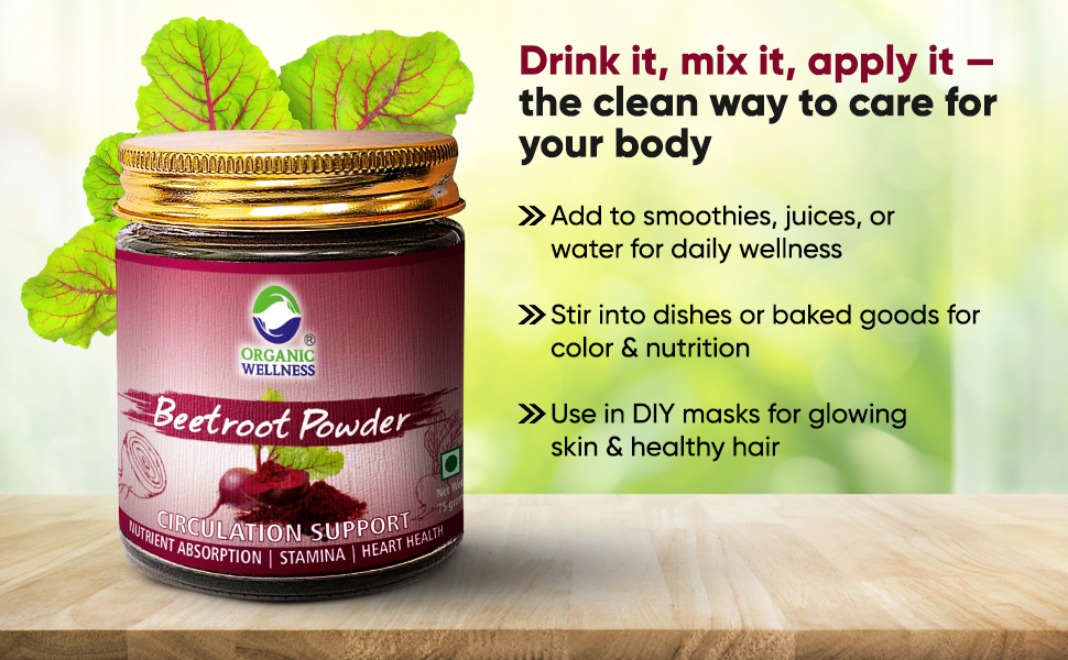 Organic Wellness Beetroot Powder | For Face Pack, Lip, Skin & Hair Care | Natural Antioxidant-Rich | 100% Plant-Based, No Preservatives | 100g Bottle Pack of 1