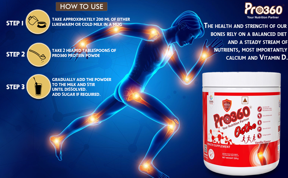 Pro360 Ortho Bone and Joint Care Supplement Nutrition Powder with Glucosomine Chondroitin MSM Collagen Peptides Boswellia Serrata Hyaluronic Acid - Diabetic Friendly - Vanilla Flavour, 250g (Nonveg)
