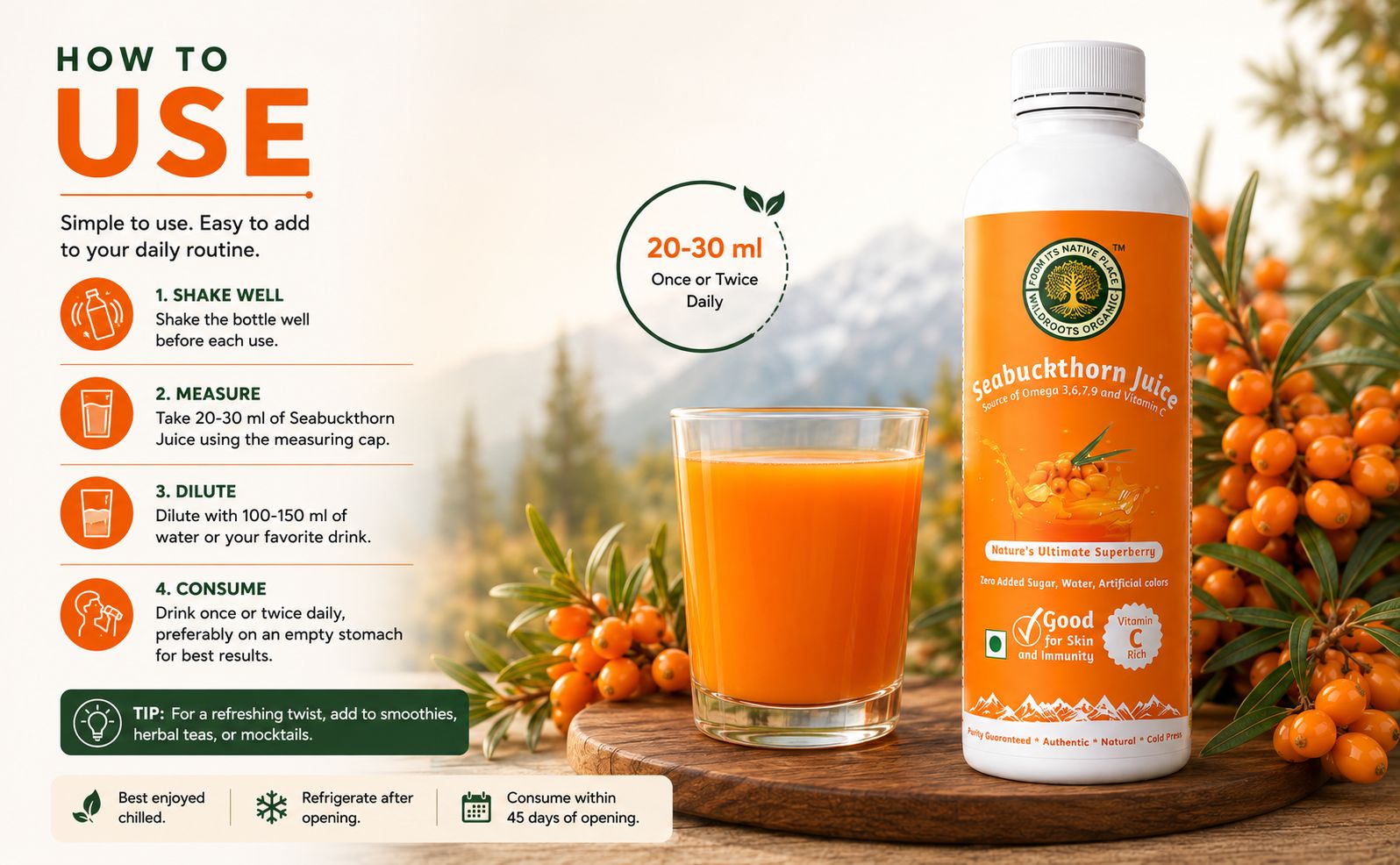 Sea Buckthorn Juice 300ml | Natural Source of Vitamin C I Omega 3 6 7 9 I High in Antioxidants | Immunity, Skin Glow & Gut Health Support | No added sugar or color
