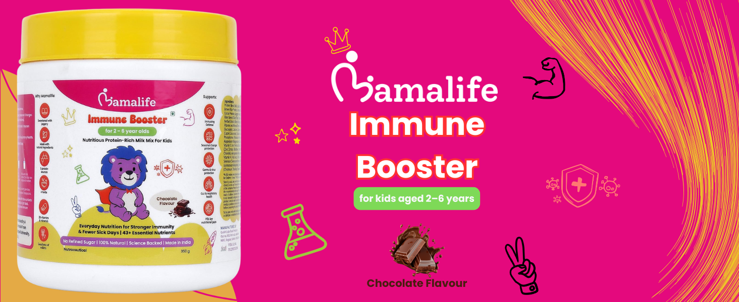 Mamalife Immune Booster Kids Milk Mix | 2–6 Years | No Refined Sugar | Chocolate Flavour | Vegetarian | High Protein | Fewer Sick Days | Germs Protection | Gut & Respiratory Health | 350g