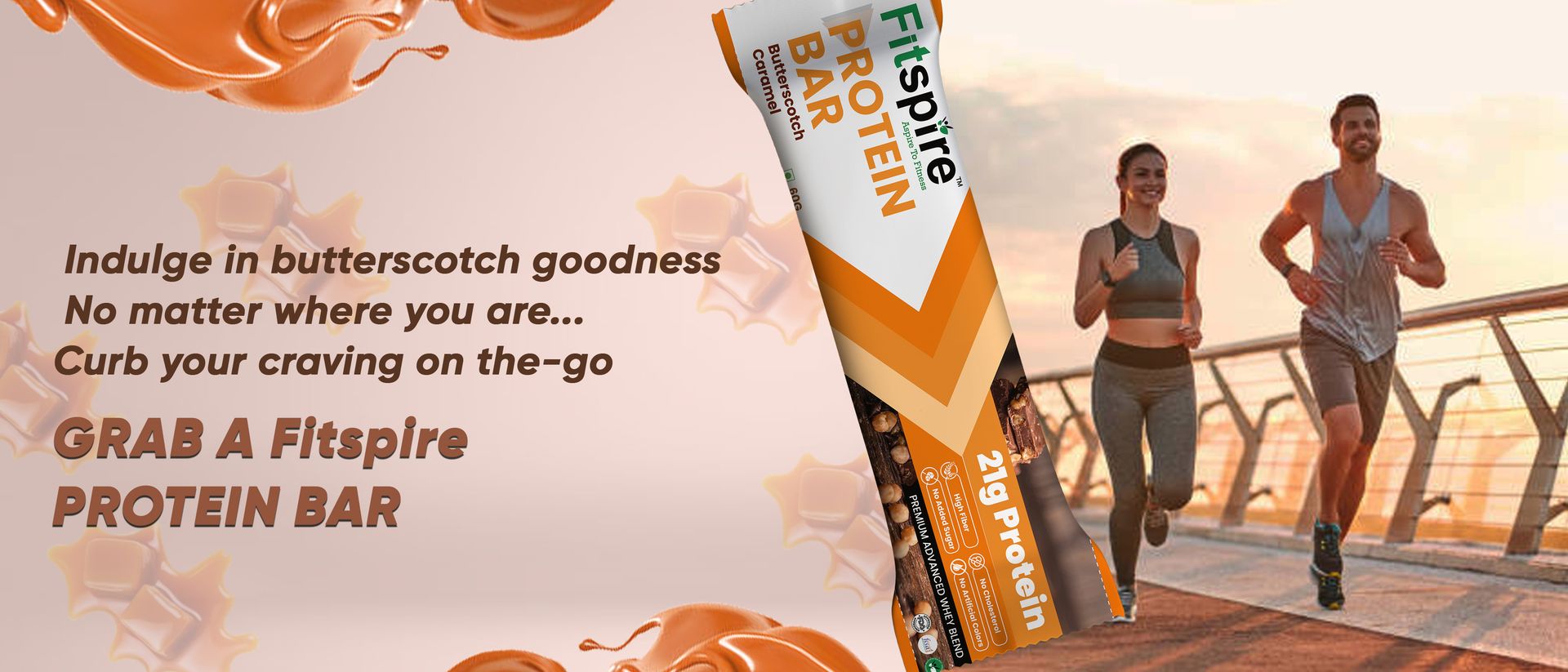 Fitspire Butterscotch Caramel Protein Bar (60g)- 21g Protein from Whey Blend- Low Sugar High Fiber Snack- Supports Muscle Recovery, Satiety and Energy- No Artificial Preservatives
