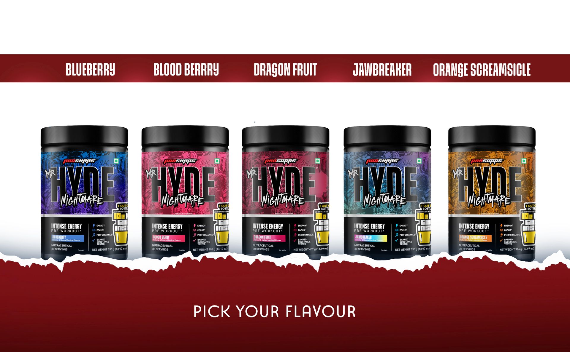 ProSupps Hyde Nightmare Blood Berry Pre Workout Powder, 30 Servings