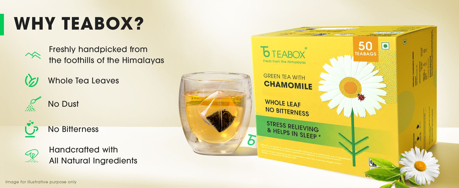 Teabox Chamomile Green Tea 50 Tea Bags | With Egyptian Chamomile Flowers & Whole Leaf Green Tea | Calming Blend for Relaxation & Sleep | Low Caffeine, Fresh & Aromatic (Pack of 2)