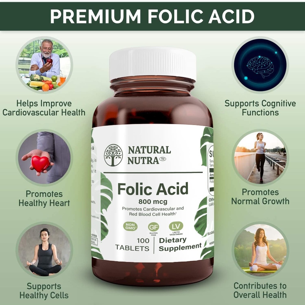 Natural Nutra Folic Acid Folate Vitamin B9 Supplement, Prenatal Vitamin for Heart and Cardiovascular Health, Red Blood Cell Formation, Vegetarian and Gluten Free Supplements, 800 mcg, 100 Tablets 4