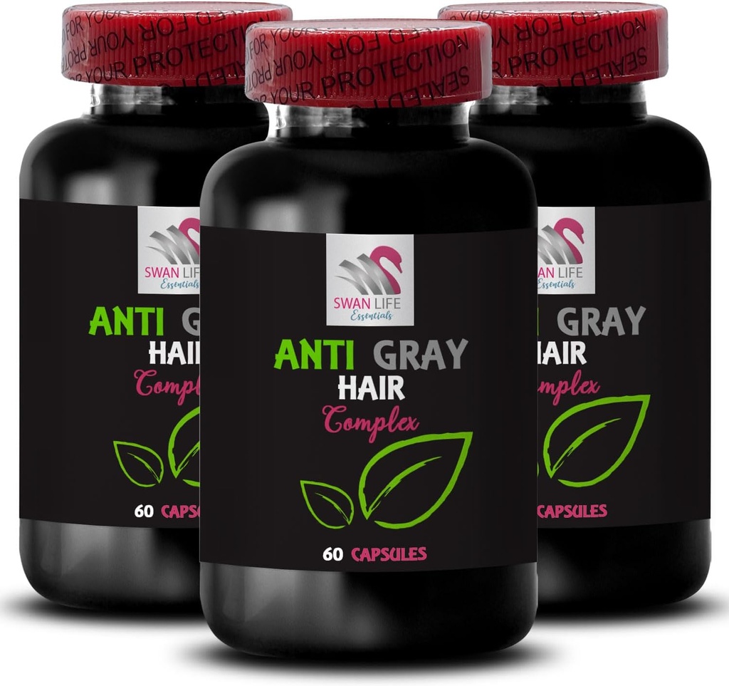 Gray hair supplement - ANTI GRAY HAIR COMPLEX - Anti gray hair, Hair shade balance, Vibrant color, Hair color renewal, Fresh tone, Color longevity, Gray hair solution 3 Bottles 180 Capsules 2