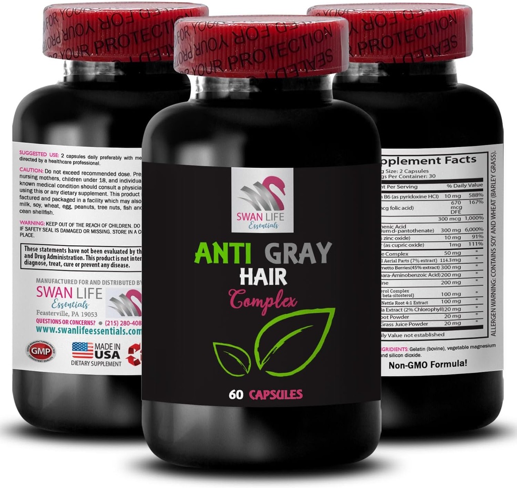 Gray hair supplement - ANTI GRAY HAIR COMPLEX - Anti gray hair, Hair shade balance, Vibrant color, Hair color renewal, Fresh tone, Color longevity, Gray hair solution 3 Bottles 180 Capsules 3