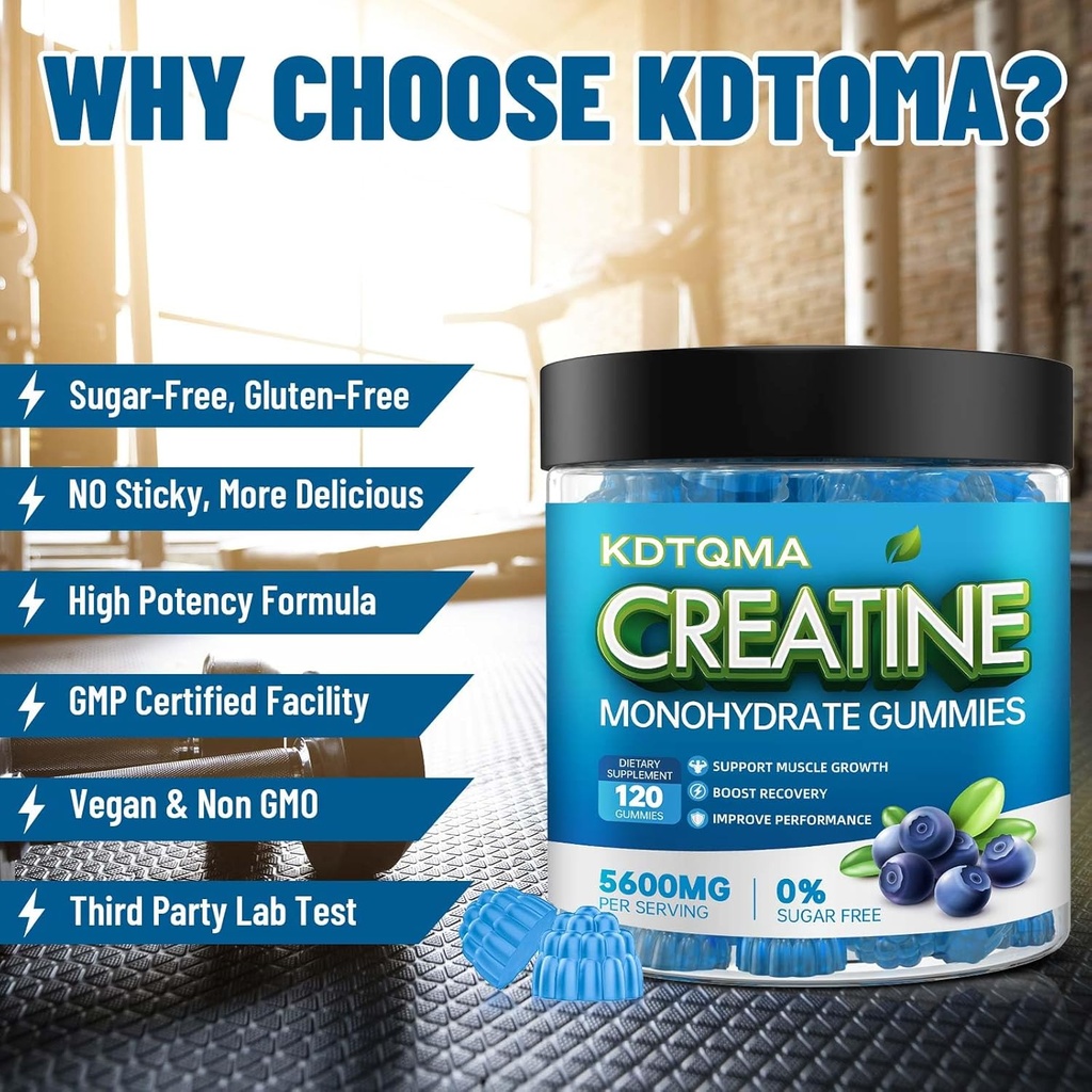Creatine Monohydrate Gummies for Men & Women 120 CT - 5600mg of Creatine Monohydrate per Serving, Chewable Creatine Monohydrate for Muscle Support & Energy Boost, Sugar Free, Vegan (Blueberry Flavor) 4