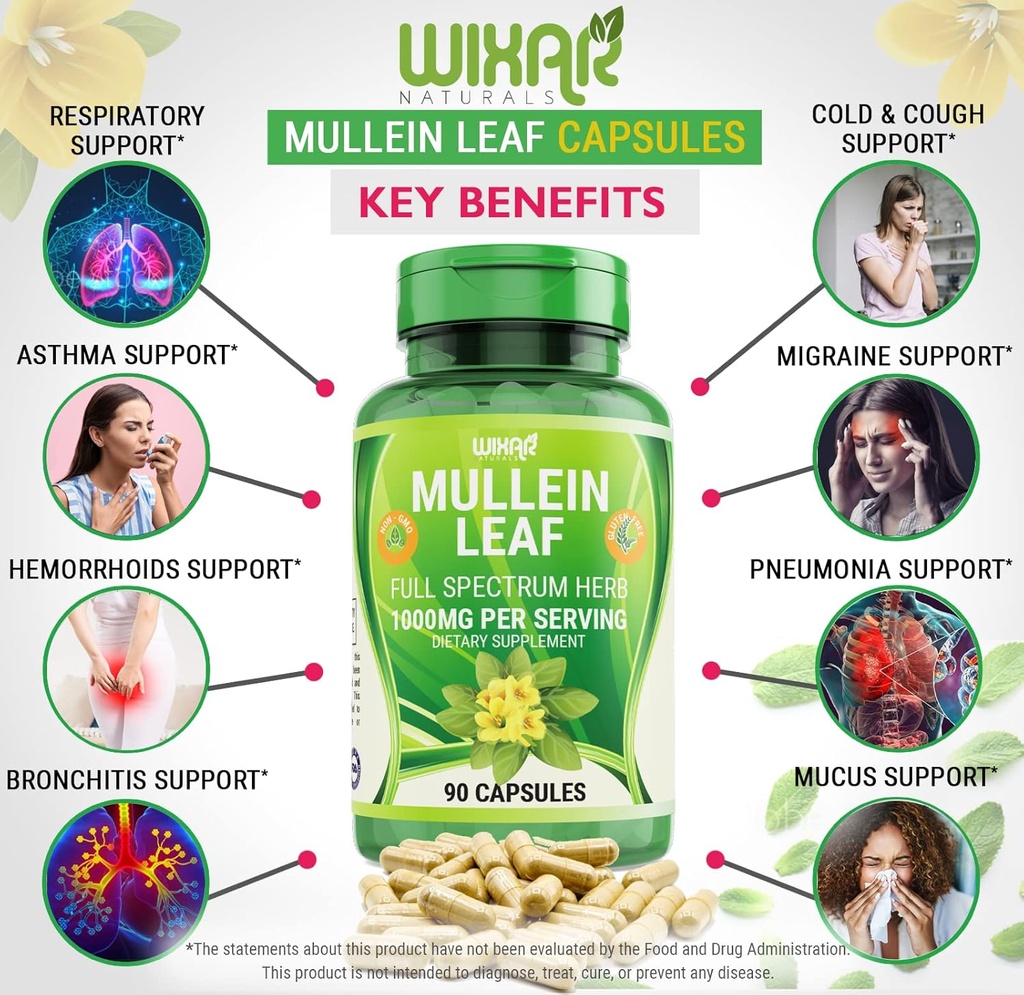 Mullein Leaf Capsules - 90 Capsules - Herbal Supplement Supports Healthy Respiratory Function & Mucous Membranes - 1000 mg - Natural Mullein for Lung Cleanse Support 4