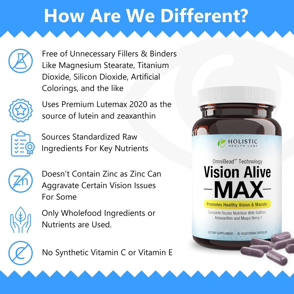 Holistic Health Labs Vision Alive Max with 8 Natural Ingredients Lutemax® 2020, Bilberries, Blueberries, c3g from Black Currant, Maqui Berry, Saffron, and Astaxanthin (30 Count (Pack of 3)) 6