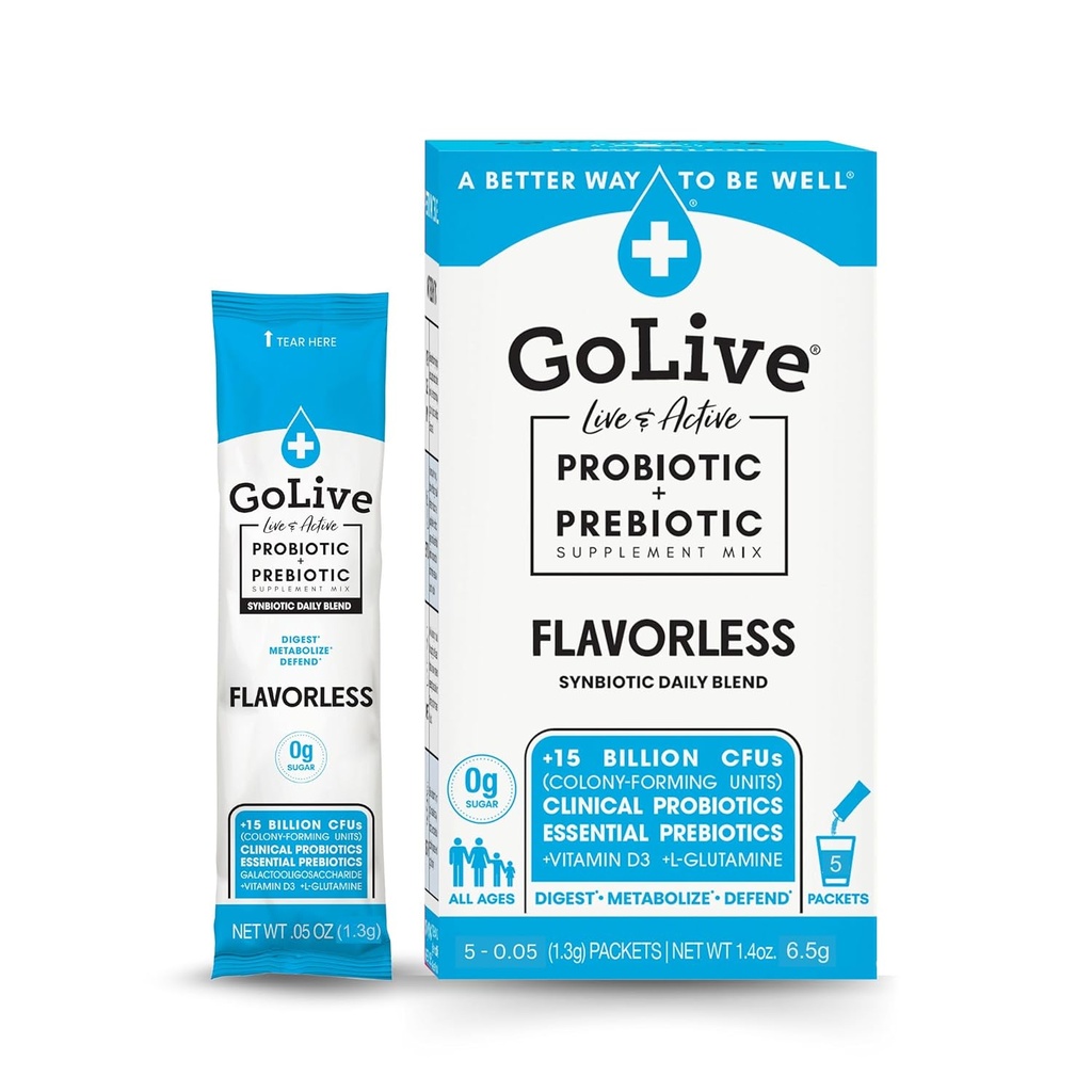 GoLive Prebiotic & Probiotic for Women, Men, Kids. Flavor-Free, Sugar-Free, Synbiotic Powder w/ GOS, L-Glutamine, Vitamin D3, Electrolytes. For Gut Health, Digestion, Metabolism, Immunity 15-50B CFUs. 2