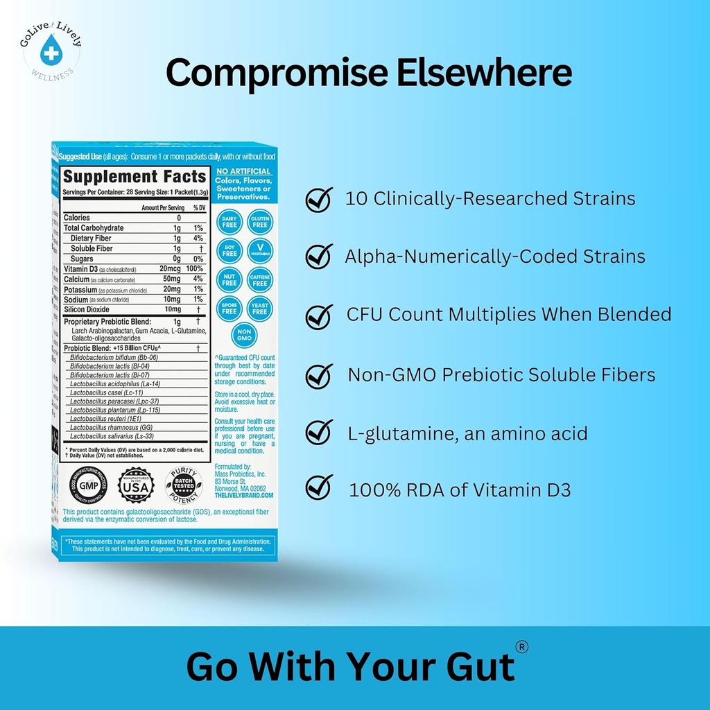 GoLive Prebiotic & Probiotic for Women, Men, Kids. Flavor-Free, Sugar-Free, Synbiotic Powder w/ GOS, L-Glutamine, Vitamin D3, Electrolytes. For Gut Health, Digestion, Metabolism, Immunity 15-50B CFUs. 3