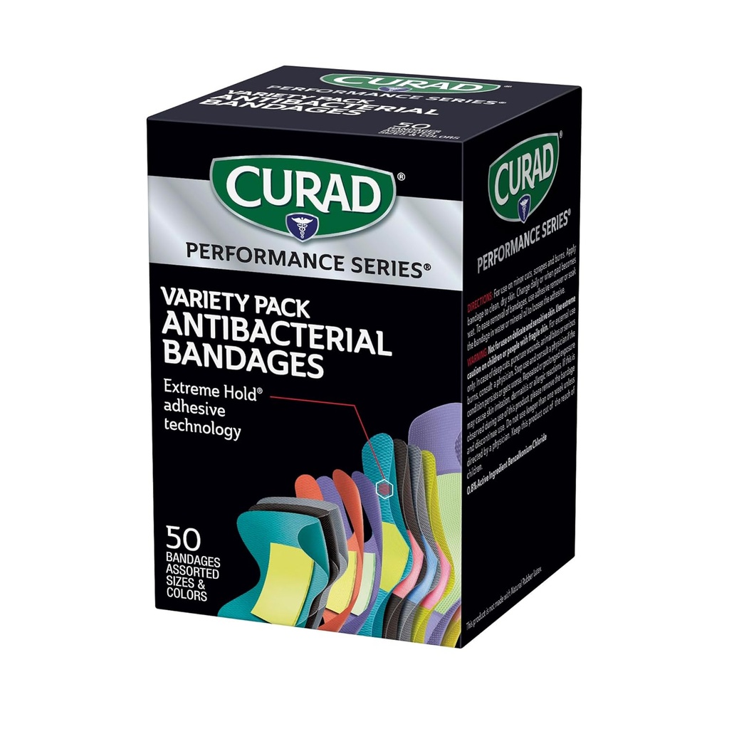 CURAD Performance Series IRONMAN Antibacterial Bandages, Extreme Hold Adhesive Technology, Finger & Knuckle Bandages, Flexible Fabric, Variety Pack with Assorted Sizes & Colors, 50 Count 3