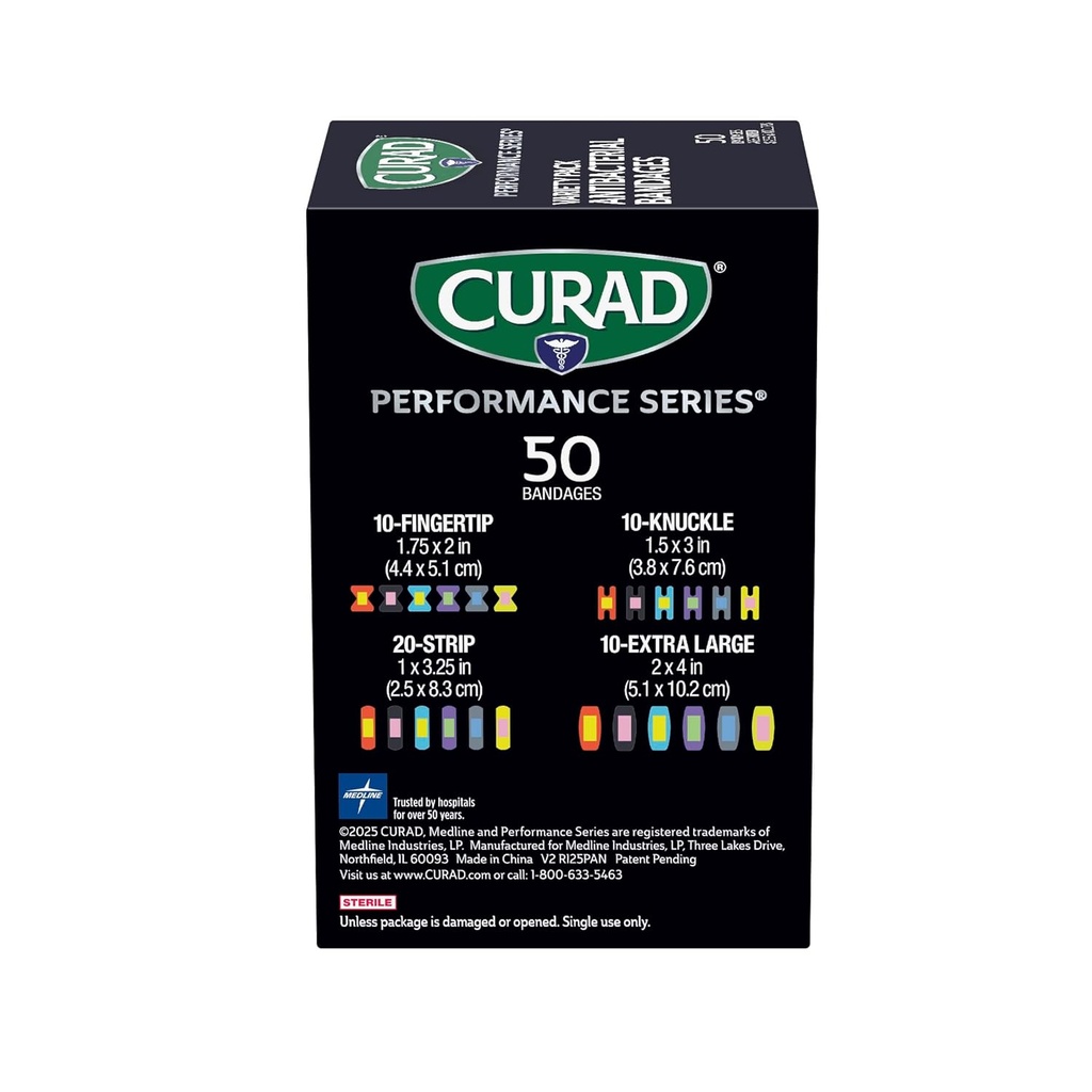 CURAD Performance Series IRONMAN Antibacterial Bandages, Extreme Hold Adhesive Technology, Finger & Knuckle Bandages, Flexible Fabric, Variety Pack with Assorted Sizes & Colors, 50 Count 4