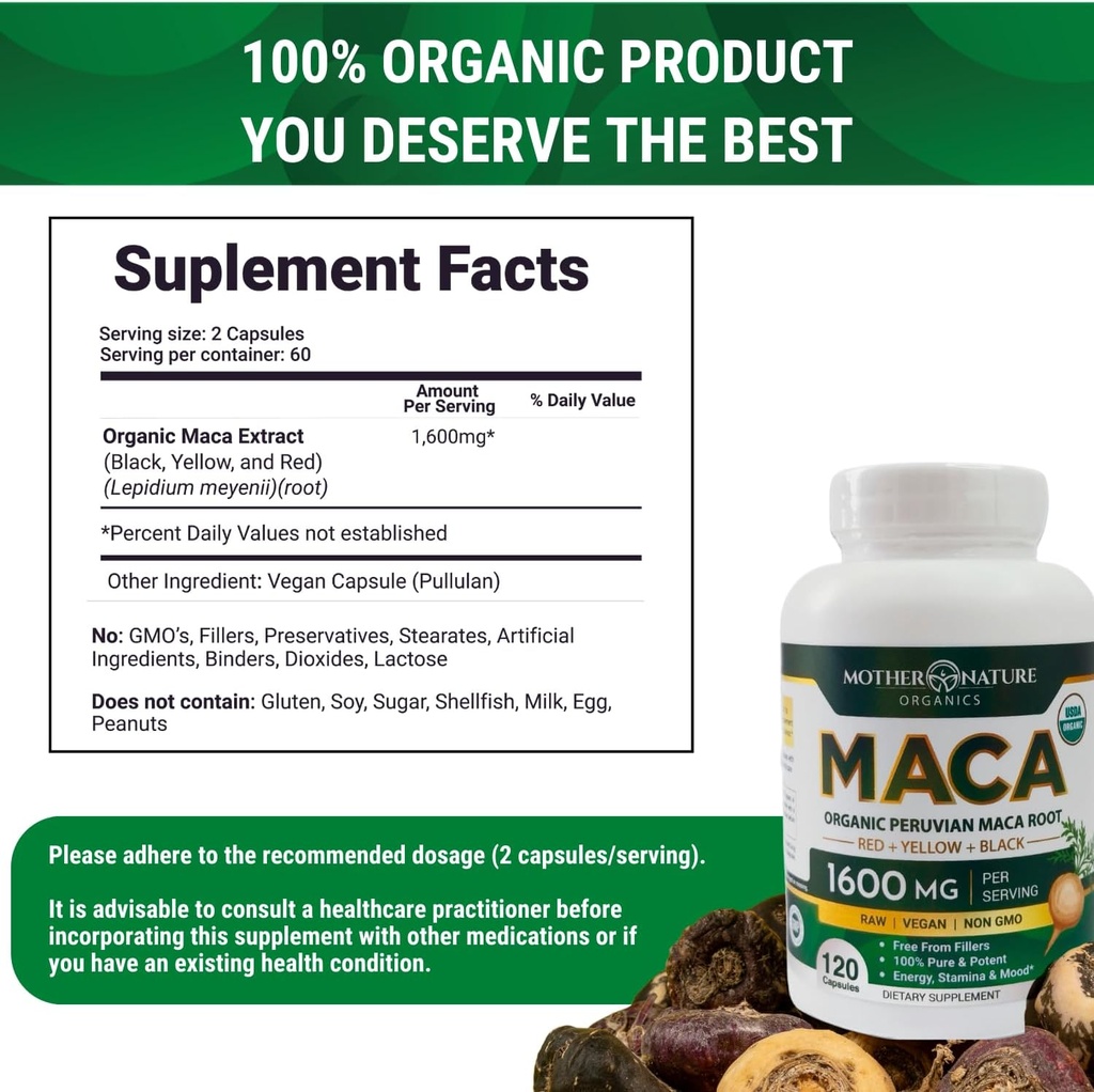 Mother Nature USDA Organic Maca Root Black + Red + Yellow Capsules Peruvian Maca for Men & Women 1600mg, Vegan Pills, Supports Mood, Hormonal Balance Reproduction & Energy (90ct) 4
