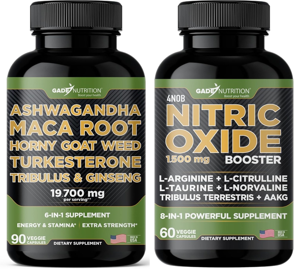 Gade Nutrition Ashwagandha with Maca Root, Horny Goat Weed, Turkesterone, Tribulus Terrestris, Panax Ginseng + Nitric Oxide Booster - Bundle for Energy, Vitality, Performance, Pump