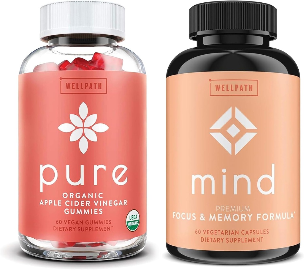WellPath Pure Apple Cider Vinegar with Mother Gummies & Mind Brain Supplement with Lion's Mane - Supports Focus & Memory, 60 Ct Each