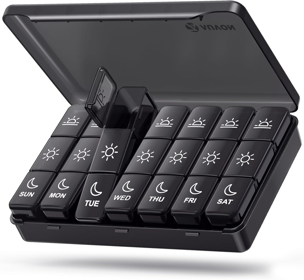 AUVON Weekly Pill Organizer 3 Times a Day, Large Pill Box 7 Day with Dual Protection for Travel, Black Pill Case for Privacy Protection, Light-proof Pill Container for Medications, Vitamins, Fish Oils