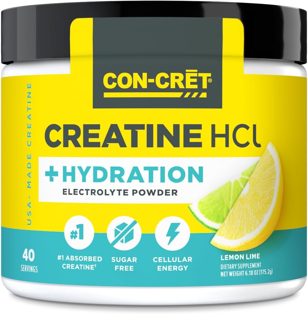 Creatine HCl + Hydration | Electrolyte Powder Tub | Lemon Lime | Sugar Free Electrolytes | Rehydration Formula w Potassium, Sodium, Zinc, Magnesium to Hydrate & Recover (40 serv)