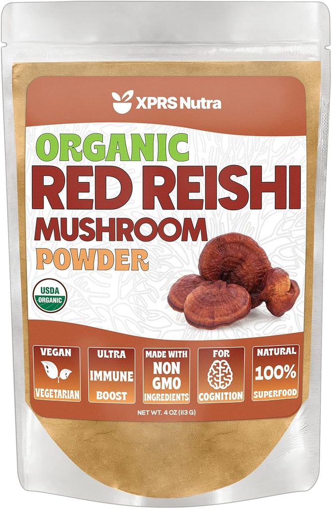 XPRS Nutra Organic Red Reishi Mushroom Powder - Premium Reishi Powder for Cognition - Vegan Reishi Mushrooms for Longevity and Energy (4 Ounce)