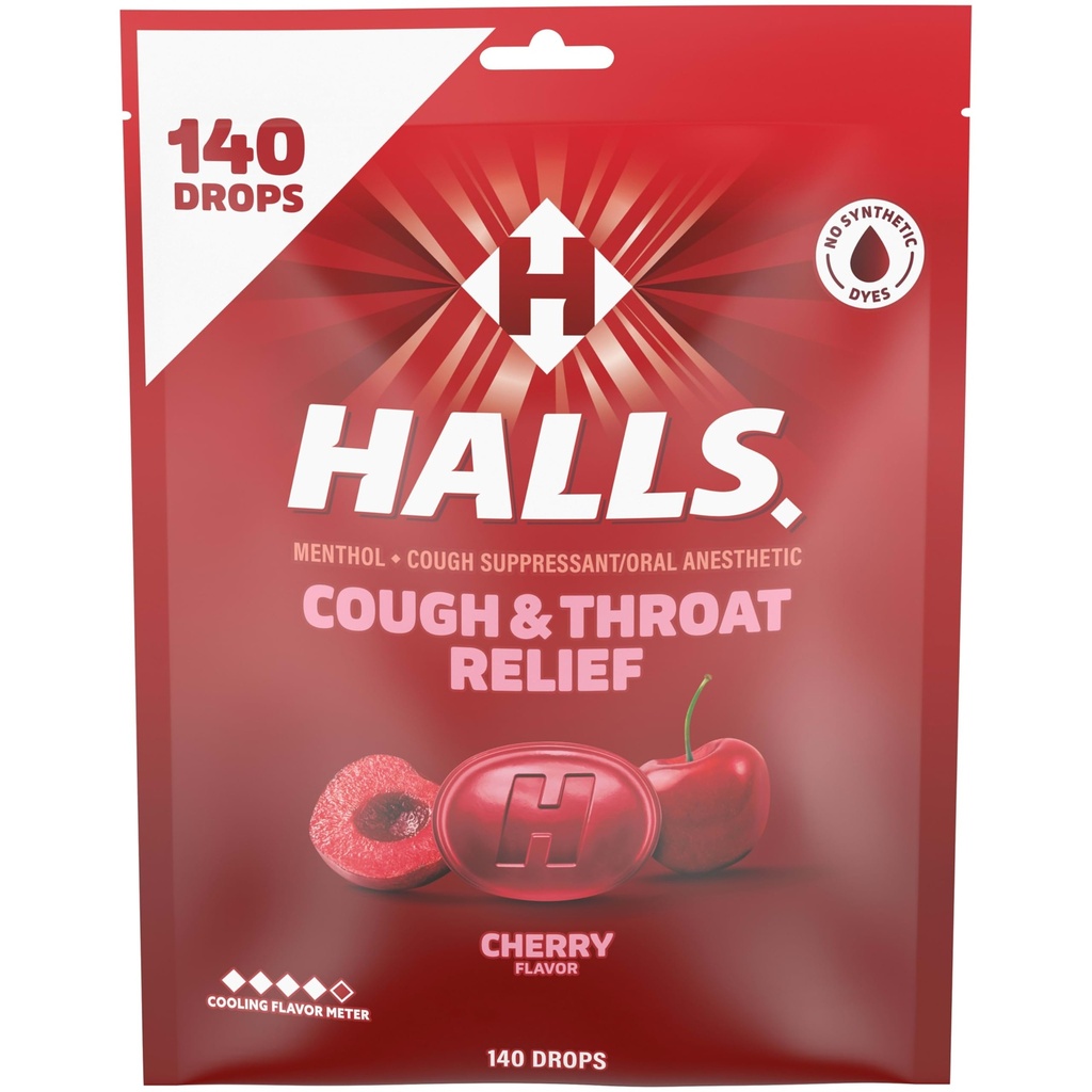 Halls Cough and Throat Relief Cherry Cough Drops, Bulk Pack, 140 Drops