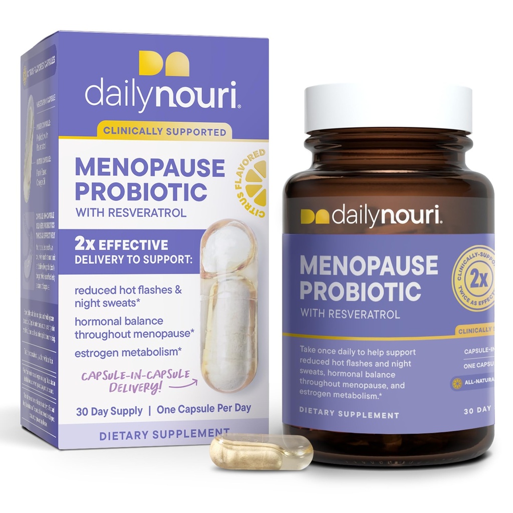 Daily Nouri Menopause Probiotics for Women | Hormonal Balance, Hot Flashes, Night Sweats & Gut Health | 3 Clinically Studied Strains + Resveratrol & Omega | 30-Day Supply