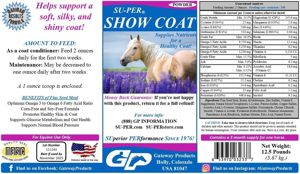 SU-PER Show Coat Supplement for Horses - Supports Soft, Silky, and Shiny Coat - Faster Mane and Tail Growth - Amino Acids, B-Complex Vitamins and Minerals - 12.5 Pound, 3 Month Supply