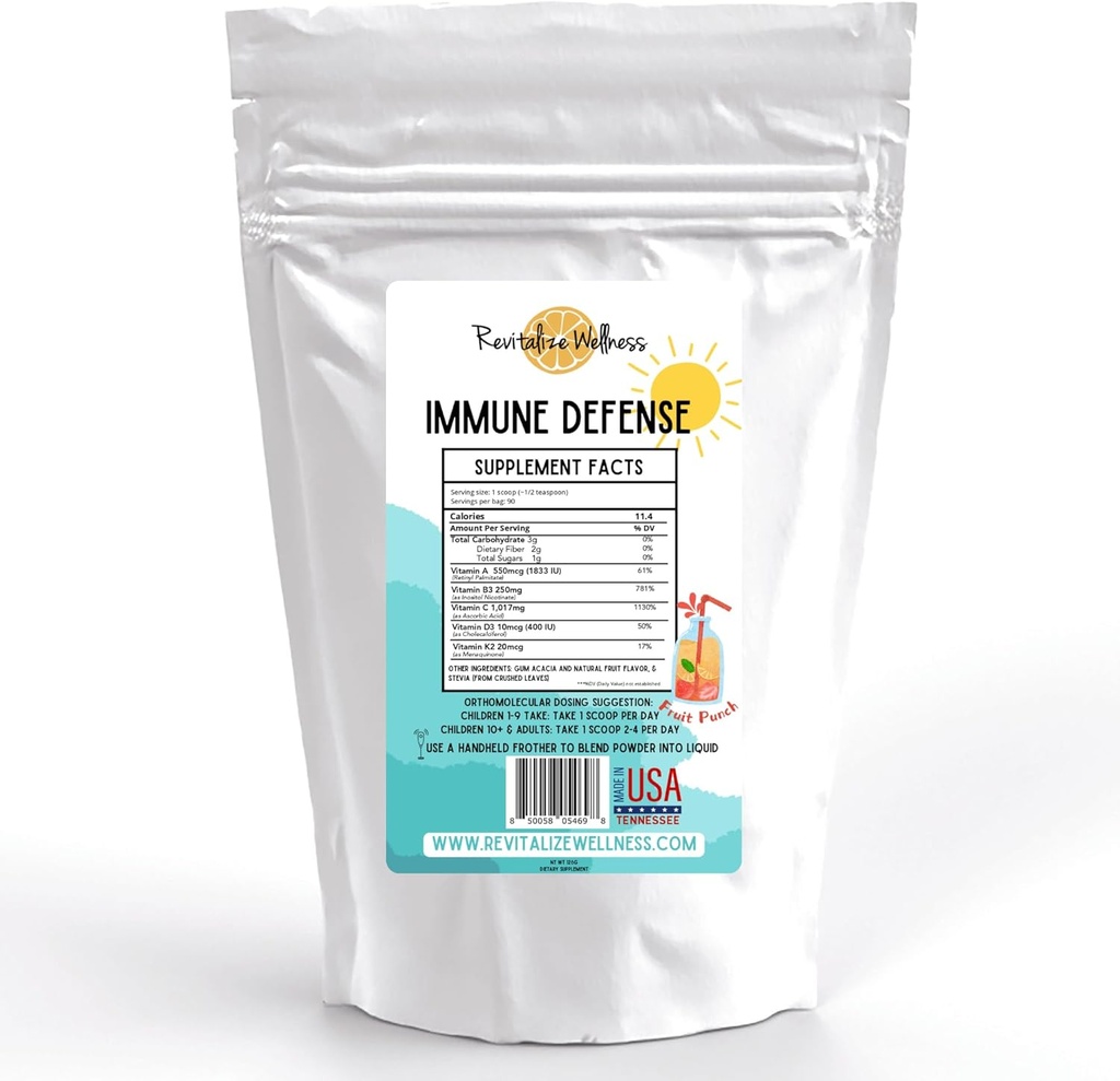 Immune Defense Powder | Orthomolecular Dose of Vitamin A, Vitamin B3, Vitamin C 1000 Mg, Vitamin D3 and Vitamin K2 | Pure, Corn Free, & GMO-Free | Fruit Punch Flavor | 90 Servings