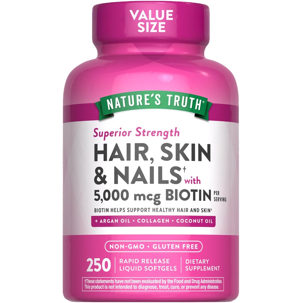 Nature's Truth Hair, Skin & Nails Vitamins | 5000mcg | 250 Softgels | Includes Collagen, Biotin and Coconut Oil | Non-GMO & Gluten Free Supplement for Women and Men