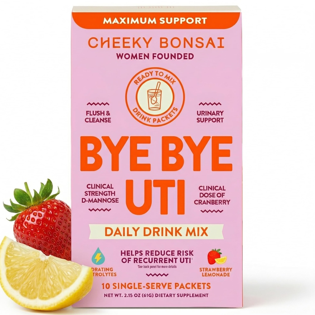 Cheeky Bonsai Bye Bye UTI Daily Drink Mix, Urinary Health Hydration Flush with D-Mannose, Cranberry & Electrolytes, Strawberry Lemonade, Vitamin C & B6, (10 Packets)