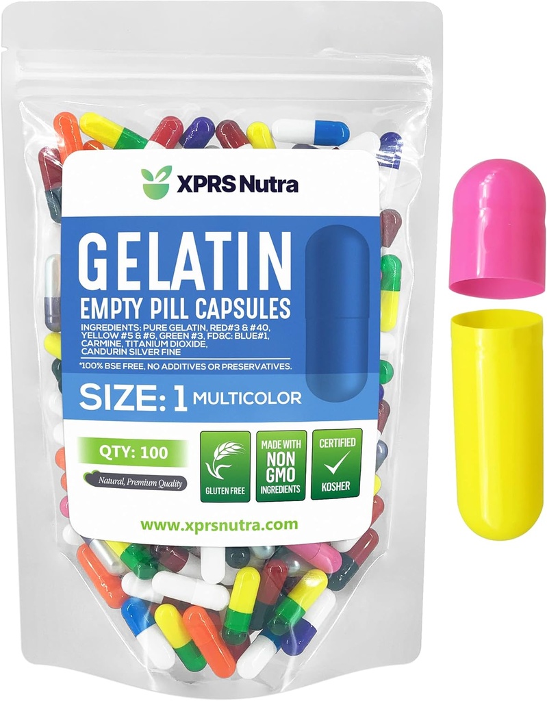 XPRS Nutra Size 1 Empty Capsules - 100 Count Empty Gelatin Capsules - Pills for DIY Capsule Filling - Pure Bovine Pill Gel Caps to Fill with Your Supplements (Multi Color)