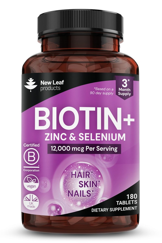 Biotin Hair Skin and Nails Vitamins 12000mcg High Strength - Promotes Healthy Hair Skin & Nails - Biotin Vitamins for Women & Men Vegan, 3 Month Supply, 180 Tablets - Made in The UK by New Leaf