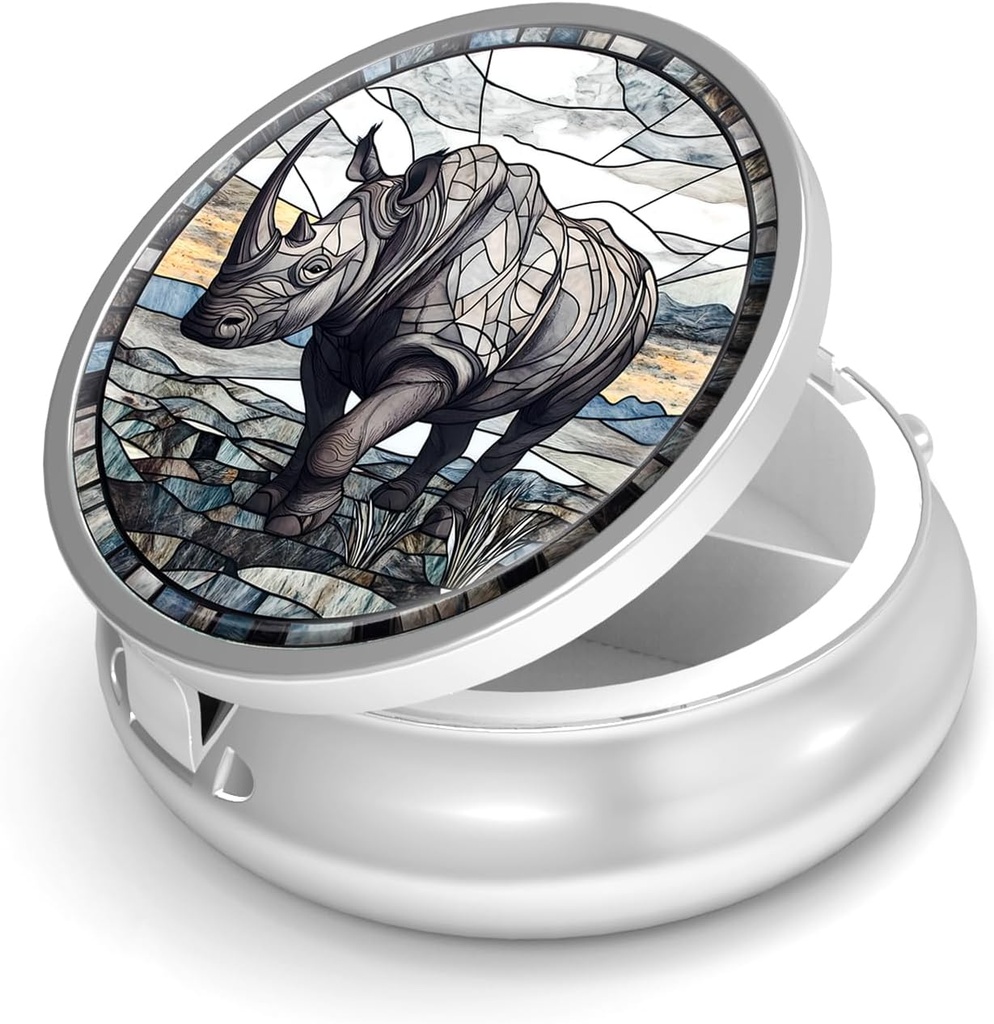 Pill Box-3 Compartment Small Pill Case for Purse & Pocket Mini Metal Pill Holder Travel Pill Container to Hold Supplements Vitamins BPA-Free (Rhinoceros)