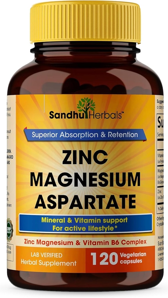 Zinc Magnesium Aspartate Supplement 120 Capsules| with Vitamin B6 & Zinc | High Absorption, Sleep and Immune Support | for Men & Women