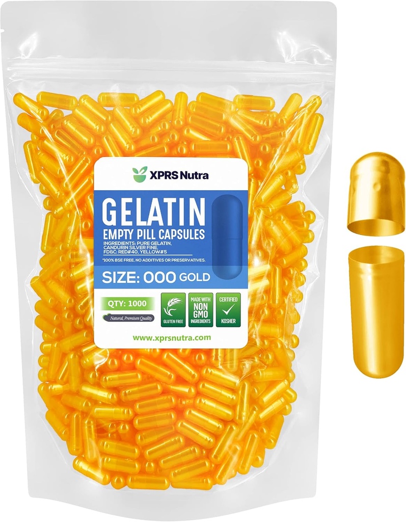 XPRS Nutra Size 000 Empty Capsules - 1000 Count Large Empty Gelatin Capsules - Pill DIY Supplement Capsule Filling - Fillable Color Gel Caps Pills (Gold)