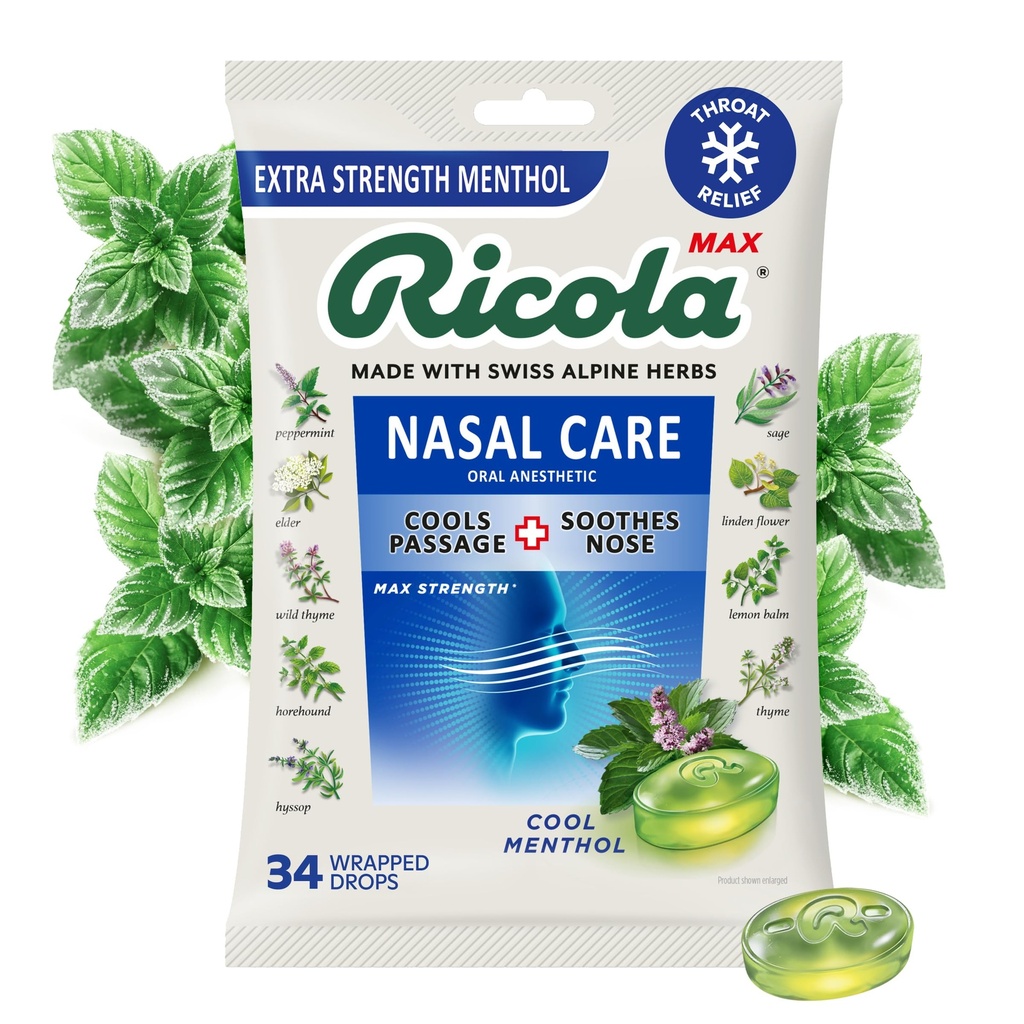Ricola MAX Nasal Care Cool Menthol Drops with Extra Menthol - Maximum Nasal Comfort and Sore Throat Relief for Cold & Flu Symptoms - 34 Count - Herbal Throat Lozenges