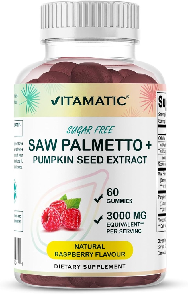 Vitamatic Sugar-Free Saw Palmetto with Pumpkin Seed – 3000 mg Equivalent per Serving – Natural Raspberry Flavor – 60 Gummies
