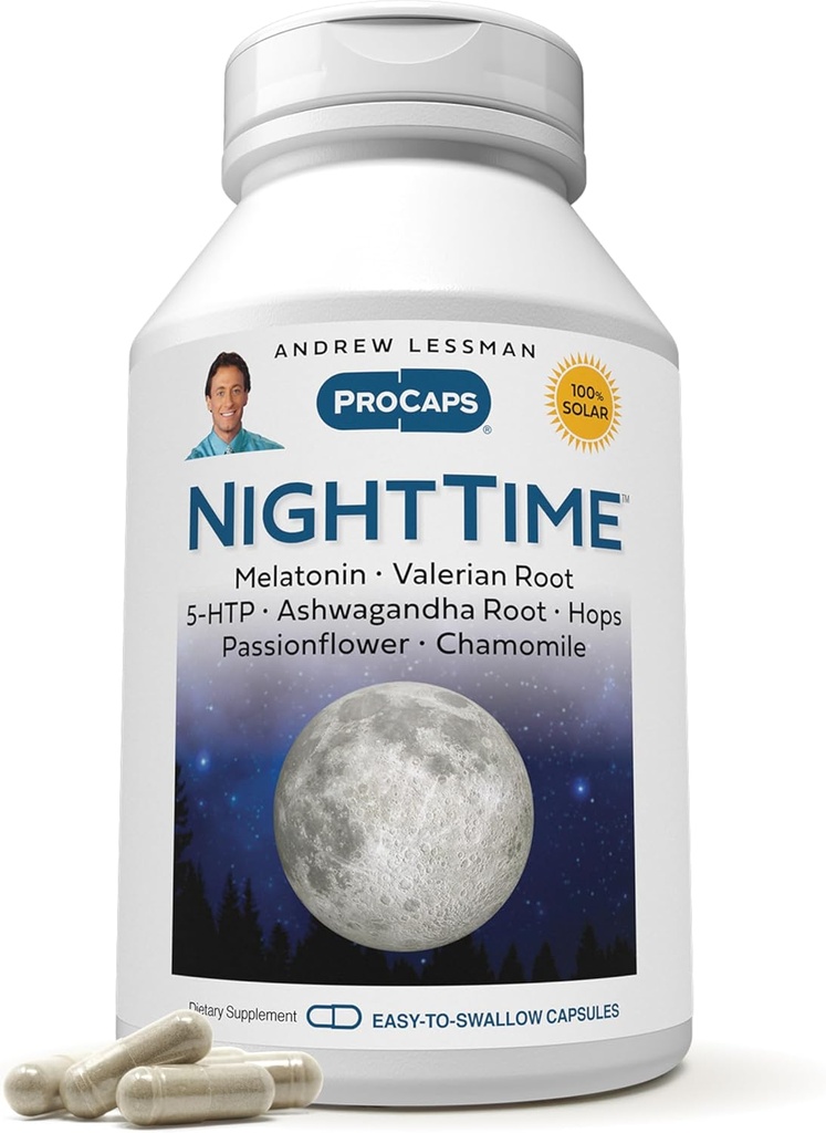 ANDREW LESSMAN Night Time 360 Capsules - 3mg Melatonin, Valerian, Ashwagandha, Passionflower, Hops, Chamomile. No Morning Grogginess. Natural Support, Gentle Restful Sleep. Easy to Swallow Capsules