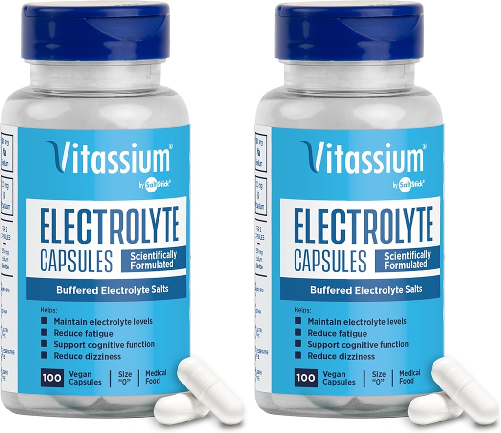 Vitassium Electrolyte Capsules, Electrolytes for The Management of POTS and High Sodium Diets (500mg Sodium - 100mg Potassium), Unflavored, 200 Salt Pills (Size 0)