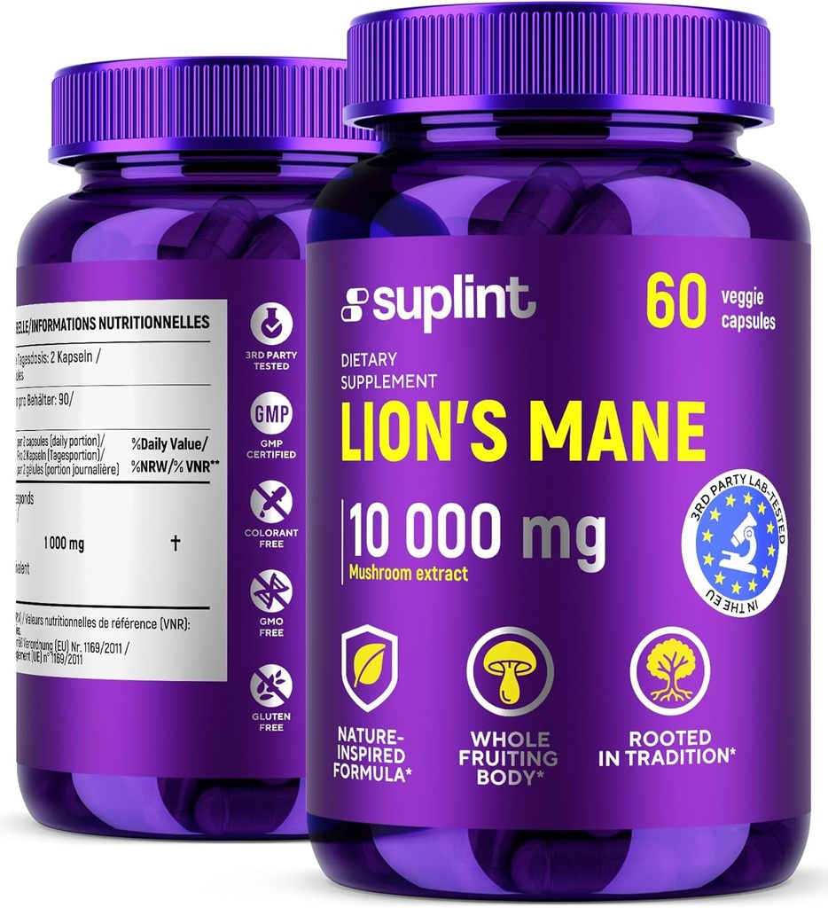 [BRSRAAQHAAIAKD3V] Lion’s Mane Mushroom Supplement 10,000 mg | Dietary Supplements for Memory, Focus & Clarity | Daily Immune System Support Complex for Women & Men | Non-GMO, Gluten-Free, Vegan | 60 Capsules
