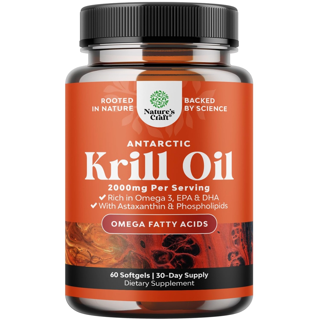 Antarctic Krill Oil 2000mg Softgels Per Serving - Omega 3 Krill Oil Supplement with EPA DHA & Astaxanthin (60 Count (Pack of 1)