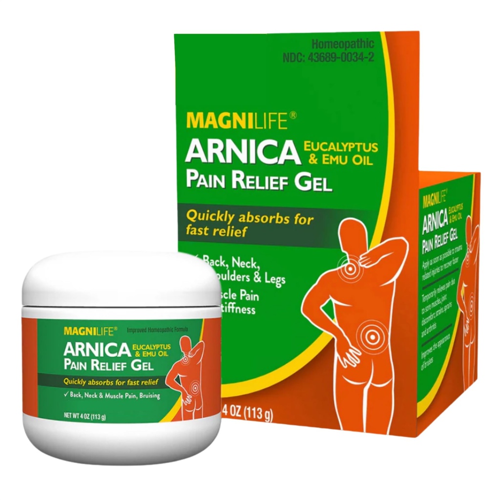 MagniLife Arnica Pain Relief Gel, 4 Oz, Fast-Acting Neck & Back Pain Reliever with Eucalyptus & Emu Oil, Helps Soothe Soreness, Ease Stiffness, Bruising & Discomfort, No Alcohol & Dyes
