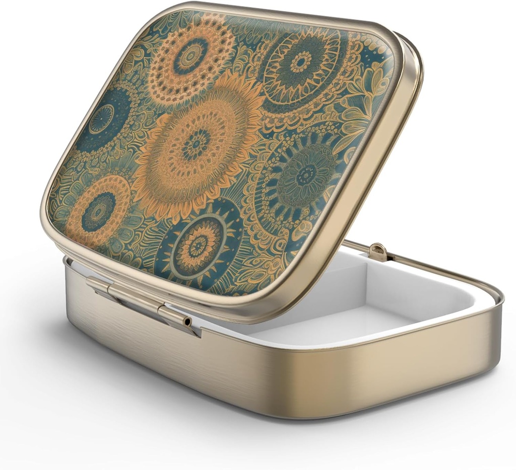 Pill Case Pill Box with Mirror Retro 2 Compartment Small Pill Case for Purse or Pocket Bronze Rectangular Pill Box or Vitamins, Fish Oil, Supplements, Pill Containe Travel Gifts（Retro Mandala）