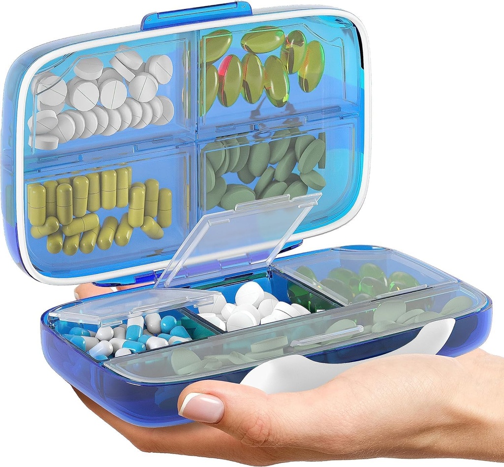 Pill Organizer Airtight Pill Box Large Pill Dispenser Home Travel Supplement Holder Portable Vitamin Sorter Jumbo Size 8 Compartment Airtight Vitamin Container Daily Medicine Travel Essentials