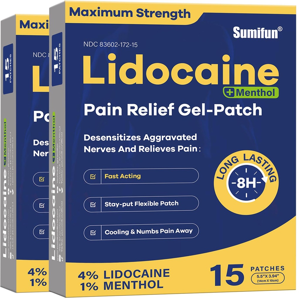 Sumifun 4% Lidocaine Patches Plus 1% Menthol - 30 Counts Maximum Strength OTC Pain Relief Patches for Back Ache Stiff Neck Joint Pain Muscle Soreness Topical Analgesic