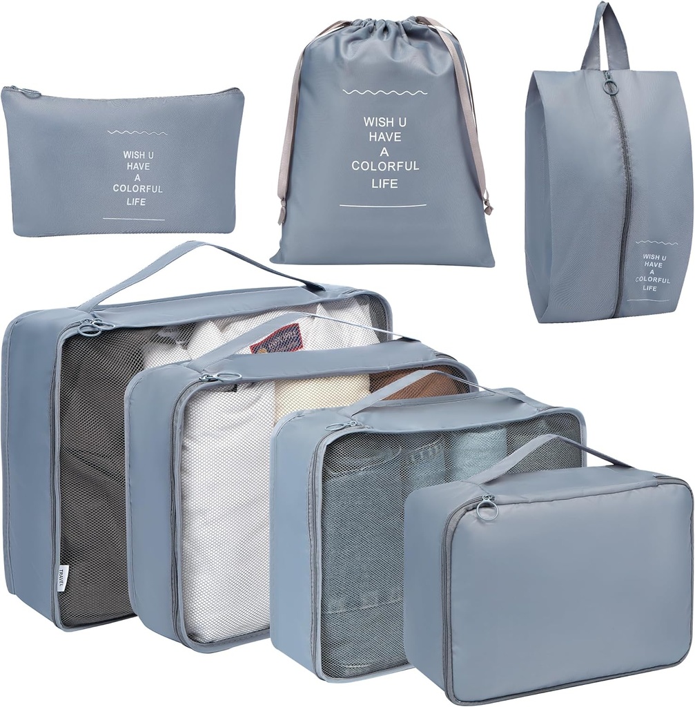 Toplive 7 Set Packing Cubes for Travel, Luggage Organizer Bags for Accessories & Essentials, Compression Cubes for Suitcases, Gray