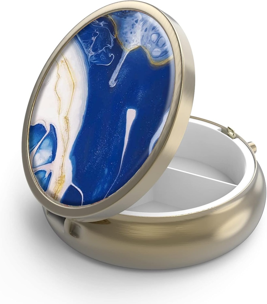 Pill Case Pill Box with Mirror Retro 3 Compartment Small Pill Case for Purse or Pocket Bronze Small Roud Pill Box or Vitamins, Fish Oil, Supplements, Pill Containe Travel Gifts（Marble Paint）