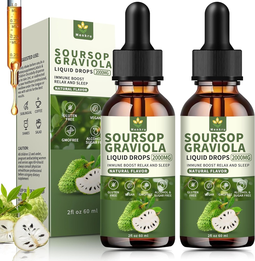 (2 Pack) Soursop Graviola Liquid Drops 2000mg，Immune Boost，Cell Support & Regeneration，Natural Antioxidant，Soursop Extract - 98%, Sugar/Gluten Free, Natural Flavor, 4 Fl Oz