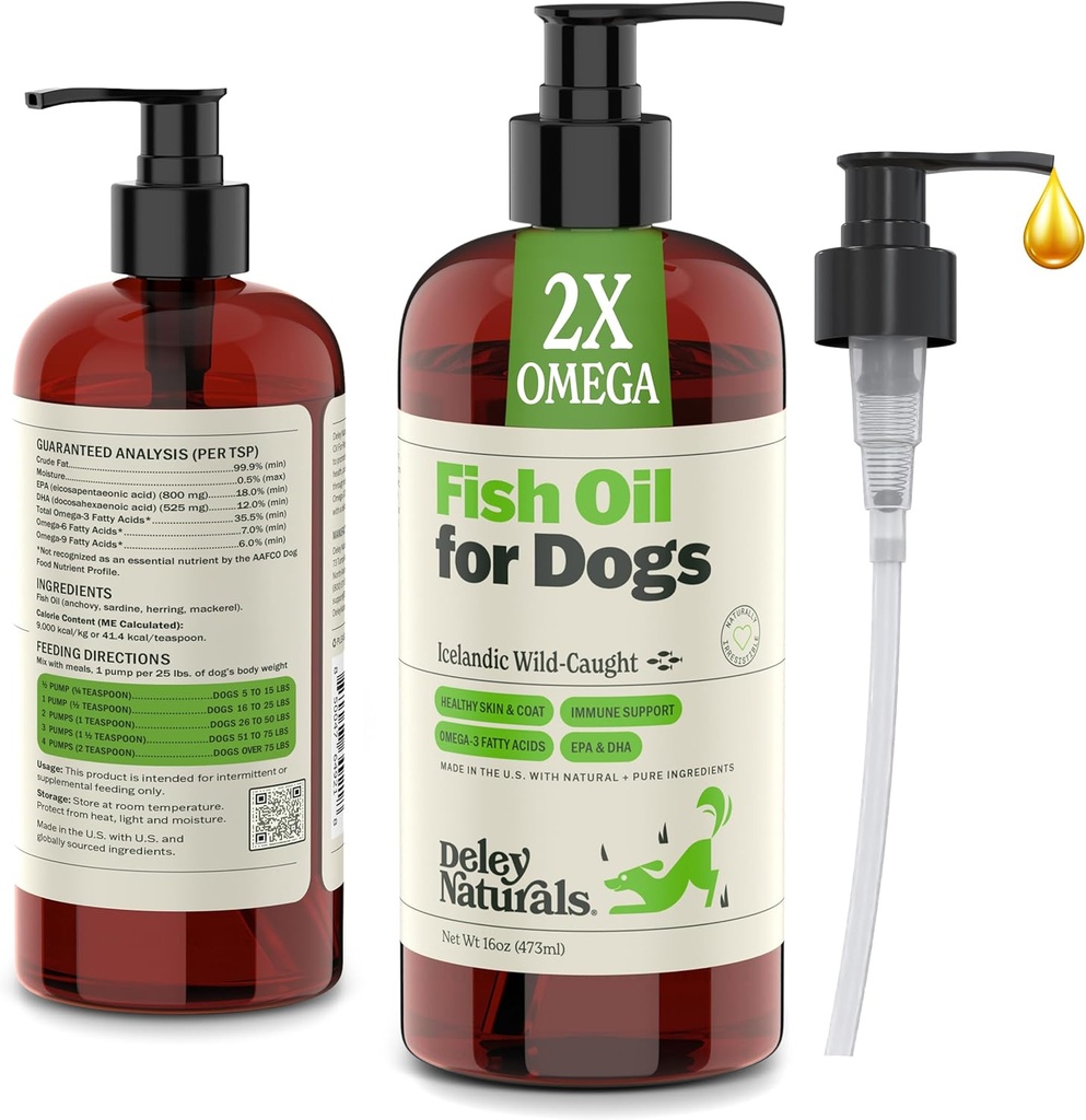 Deley Naturals Dog Fish Oil Icelandic 2X Omega - Dog Itching Skin Relief with Omega 3 6 9 for Allergies, Coat & Heart - Omega 3 Fish Oil for Dogs Skin Irritation - 16oz Omega Oil for Dogs Made in USA